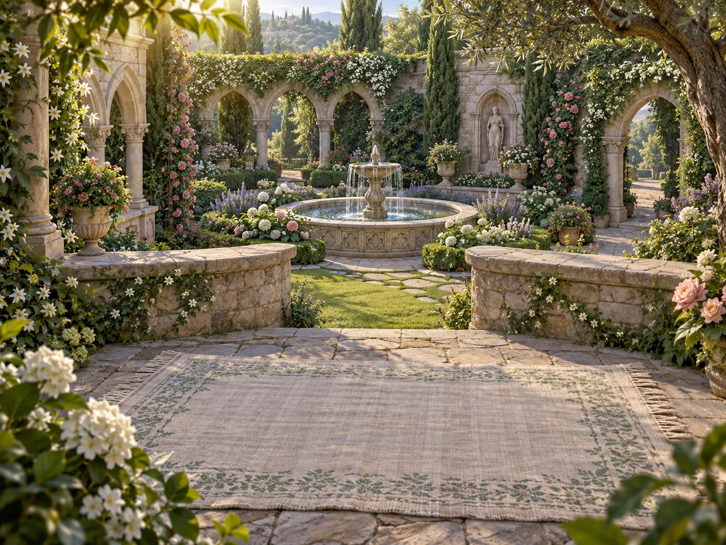A sunlit garden courtyard with a fountain, flowering arches and low stone walls.