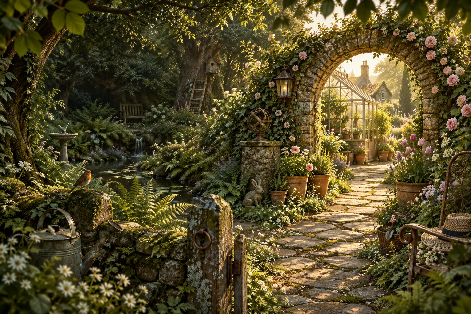 A golden path winds through a mossy stone arch into a secret garden.