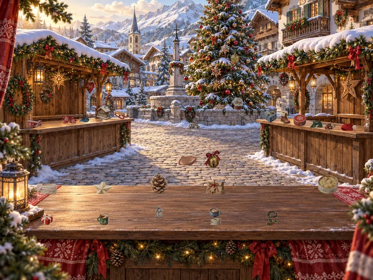 Winter Village: Snow-dusted rooftops and the glow of a welcoming window.